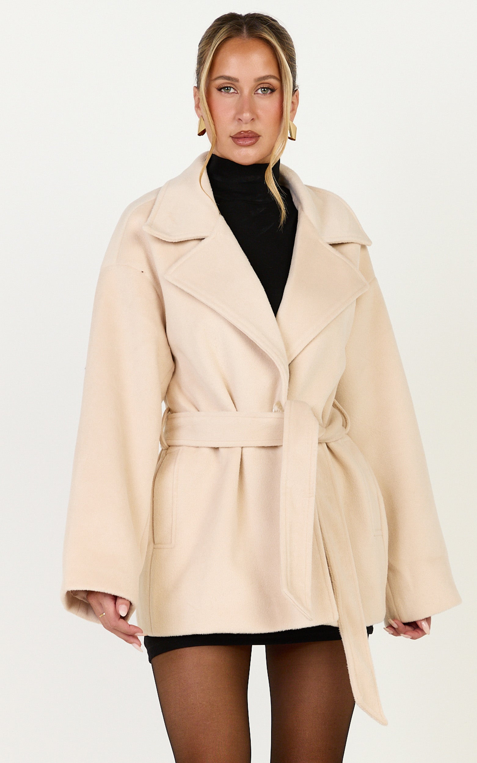 Dahlia Coat - Single Breasted Belted Short Wool Like Coat in Beige