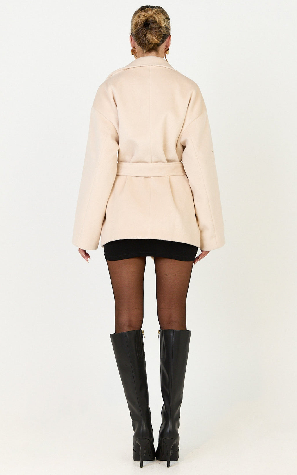 Dahlia Coat - Single Breasted Belted Short Wool Like Coat in Beige