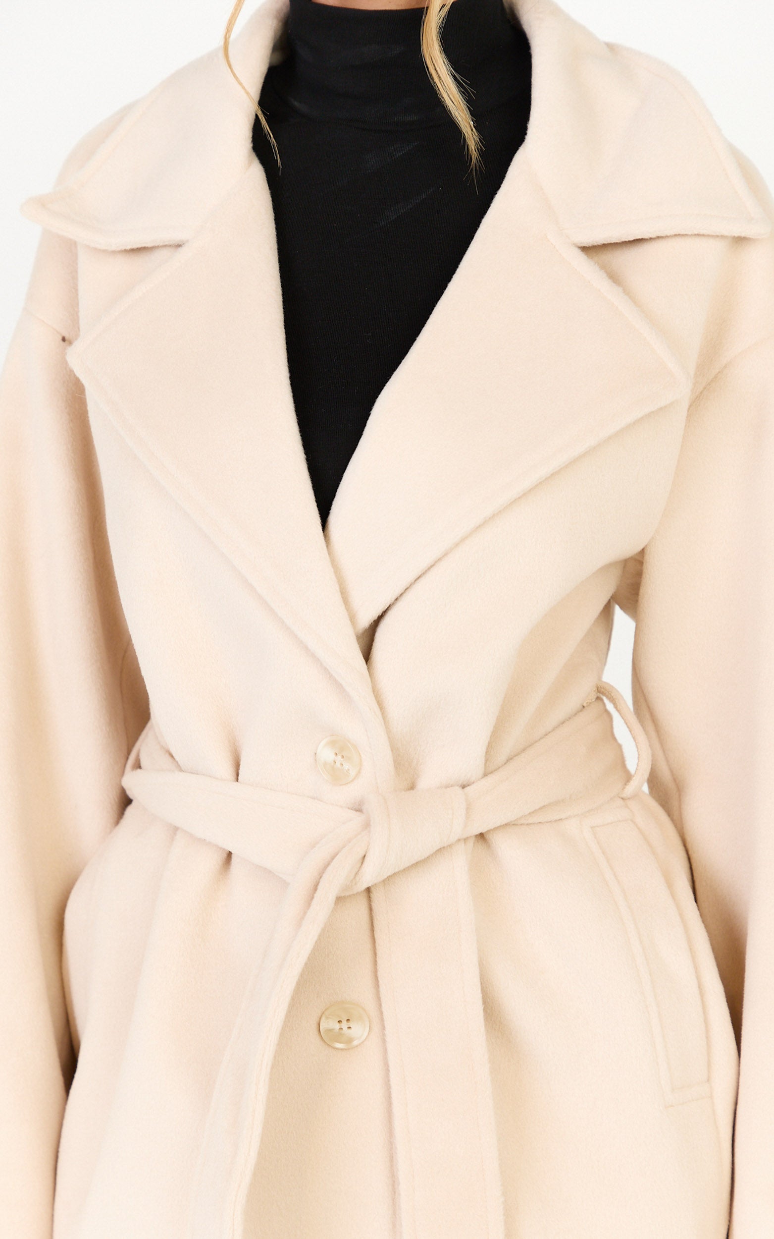 Dahlia Coat - Single Breasted Belted Short Wool Like Coat in Beige