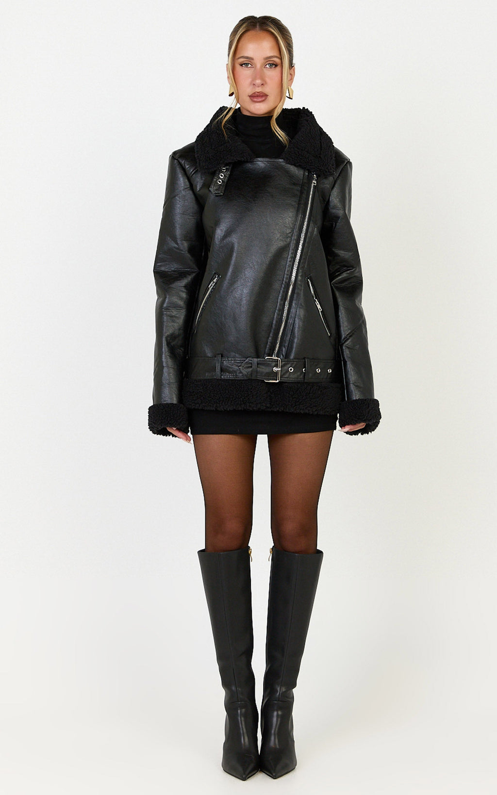 Isolde Jacket - Faux Leather Shearling Biker Jacket in Black Base with Black Borg