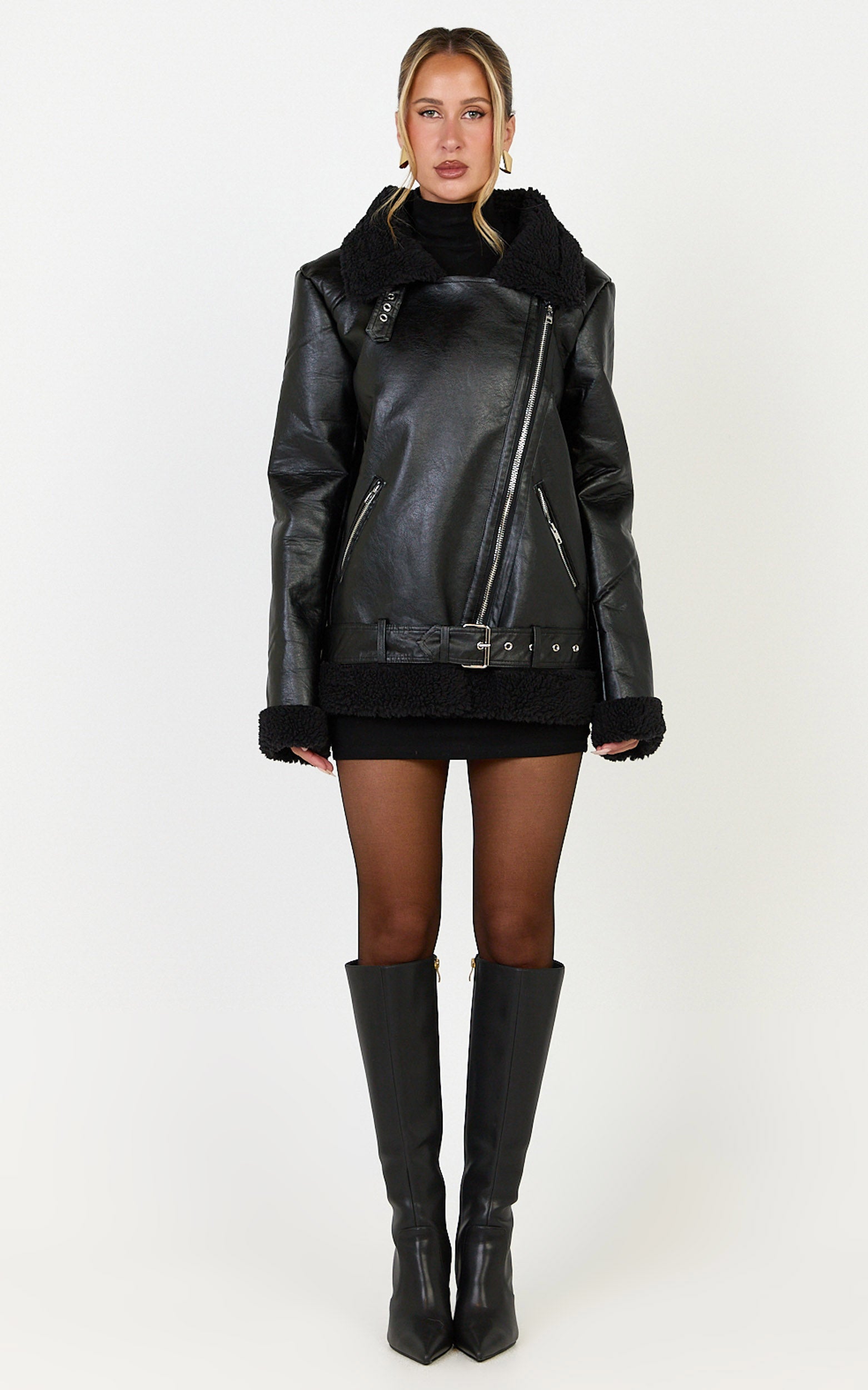 Isolde Jacket - Faux Leather Shearling Biker Jacket in Black Base with Black Borg