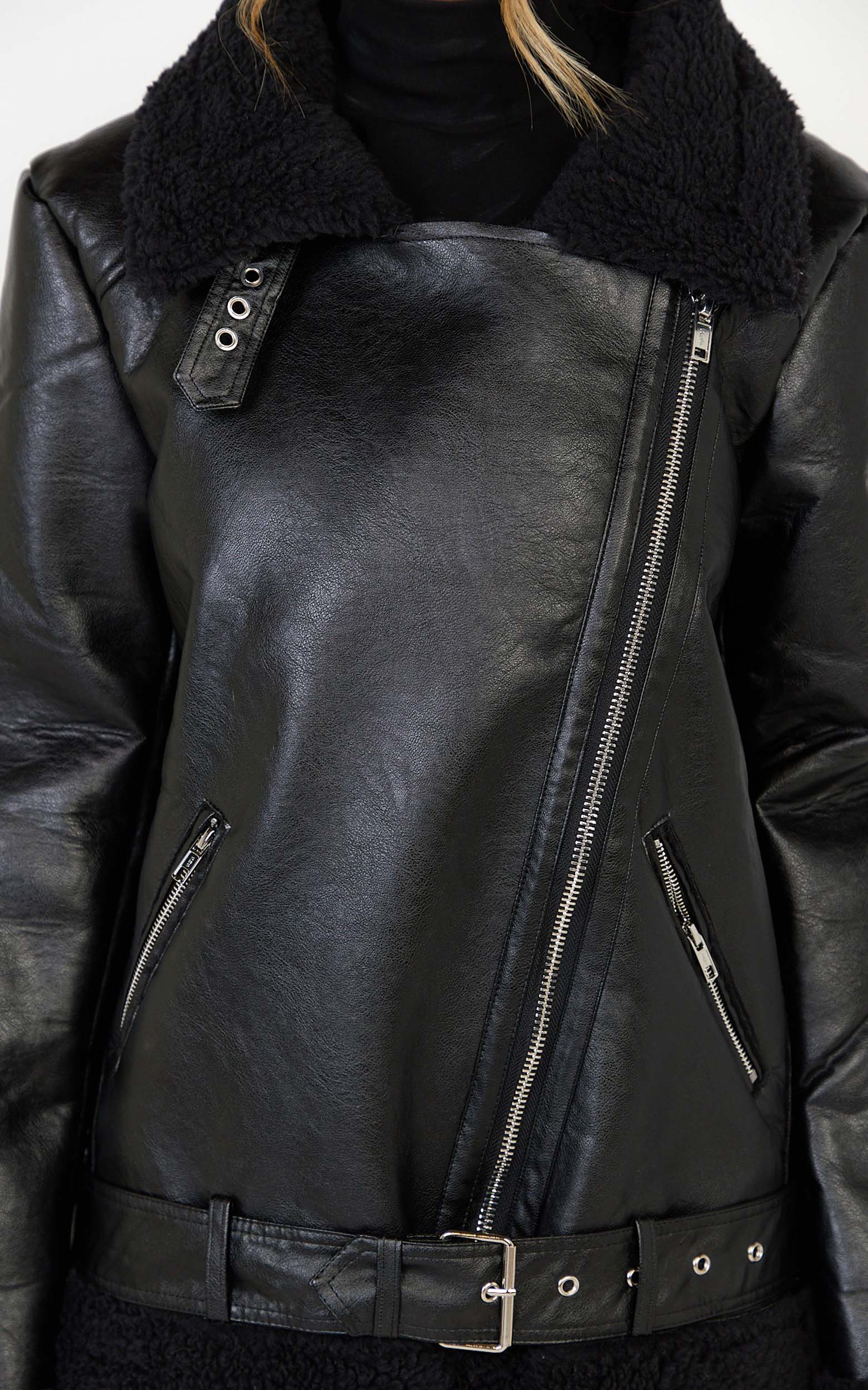 Isolde Jacket - Faux Leather Shearling Biker Jacket in Black Base with Black Borg