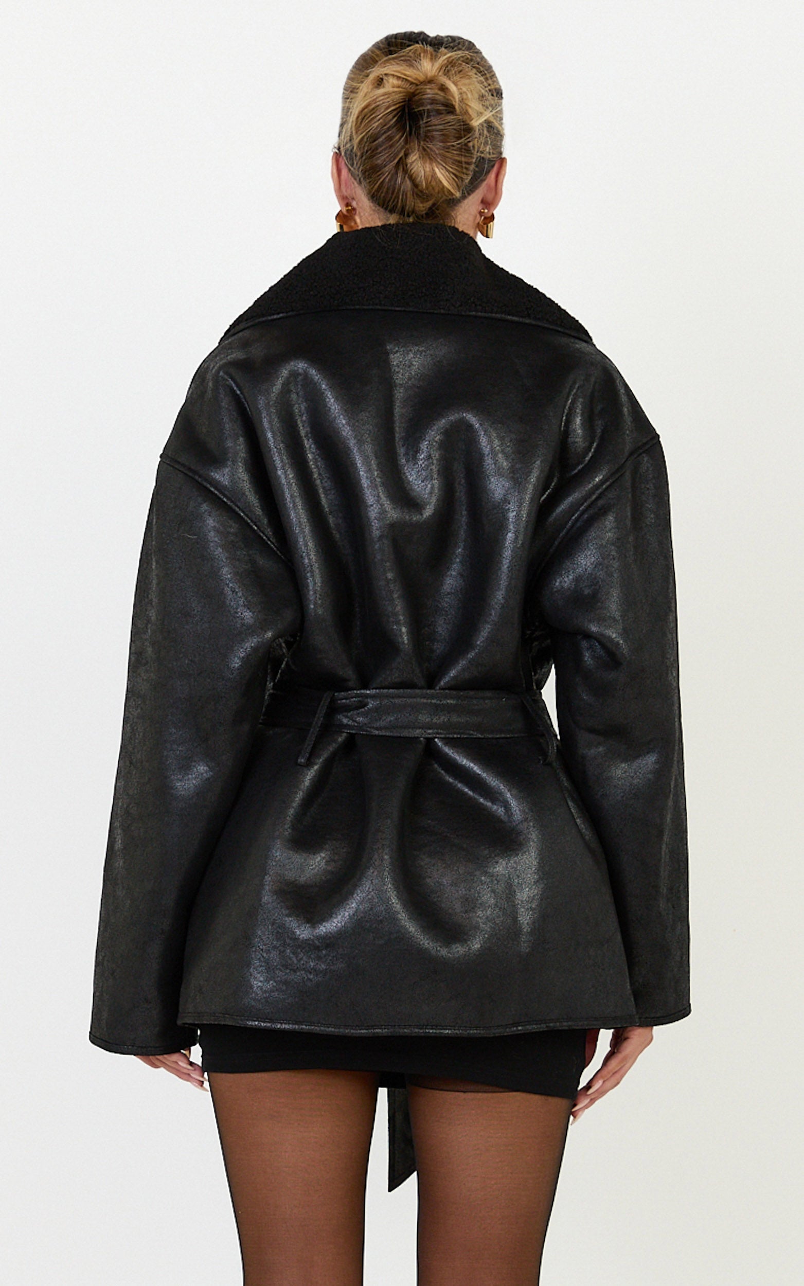 Esme Coat - Double Breasted Belted Faux Leather Faux Fur Lined Jacket in Black