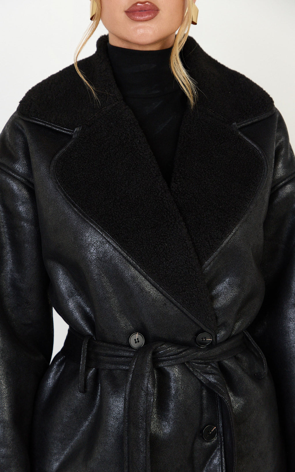 Esme Coat - Double Breasted Belted Faux Leather Faux Fur Lined Jacket in Black
