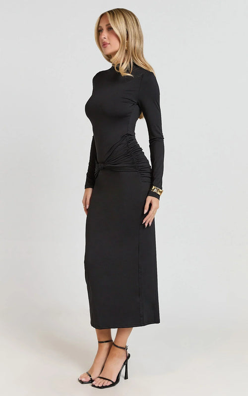 Amelita Midi Dress - Long Sleeve Knot Detail Dress in Black