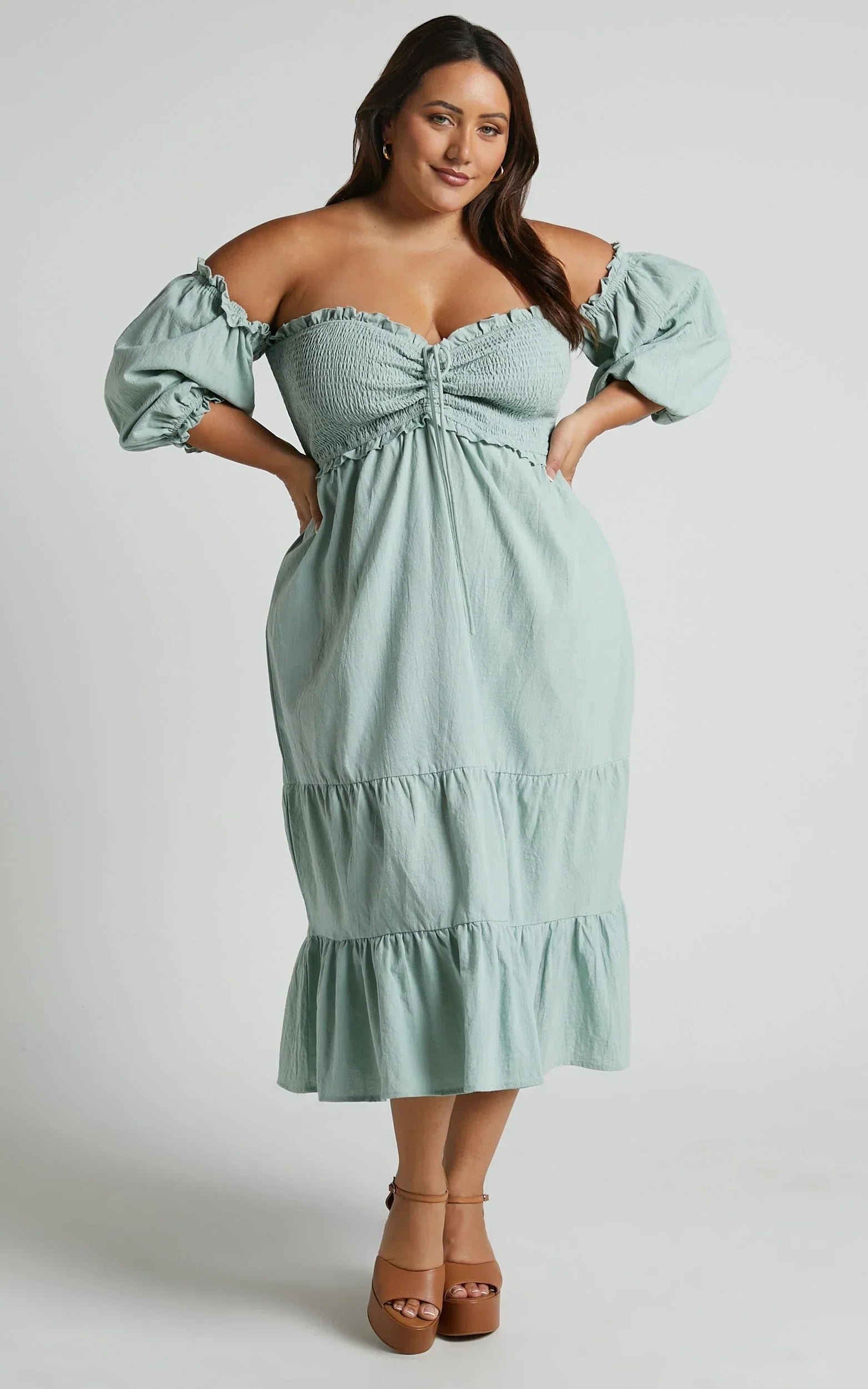 Nikka Midi Linen Blend Dress - Shirred Off Shoulder Puff Sleeve Dress in Sage