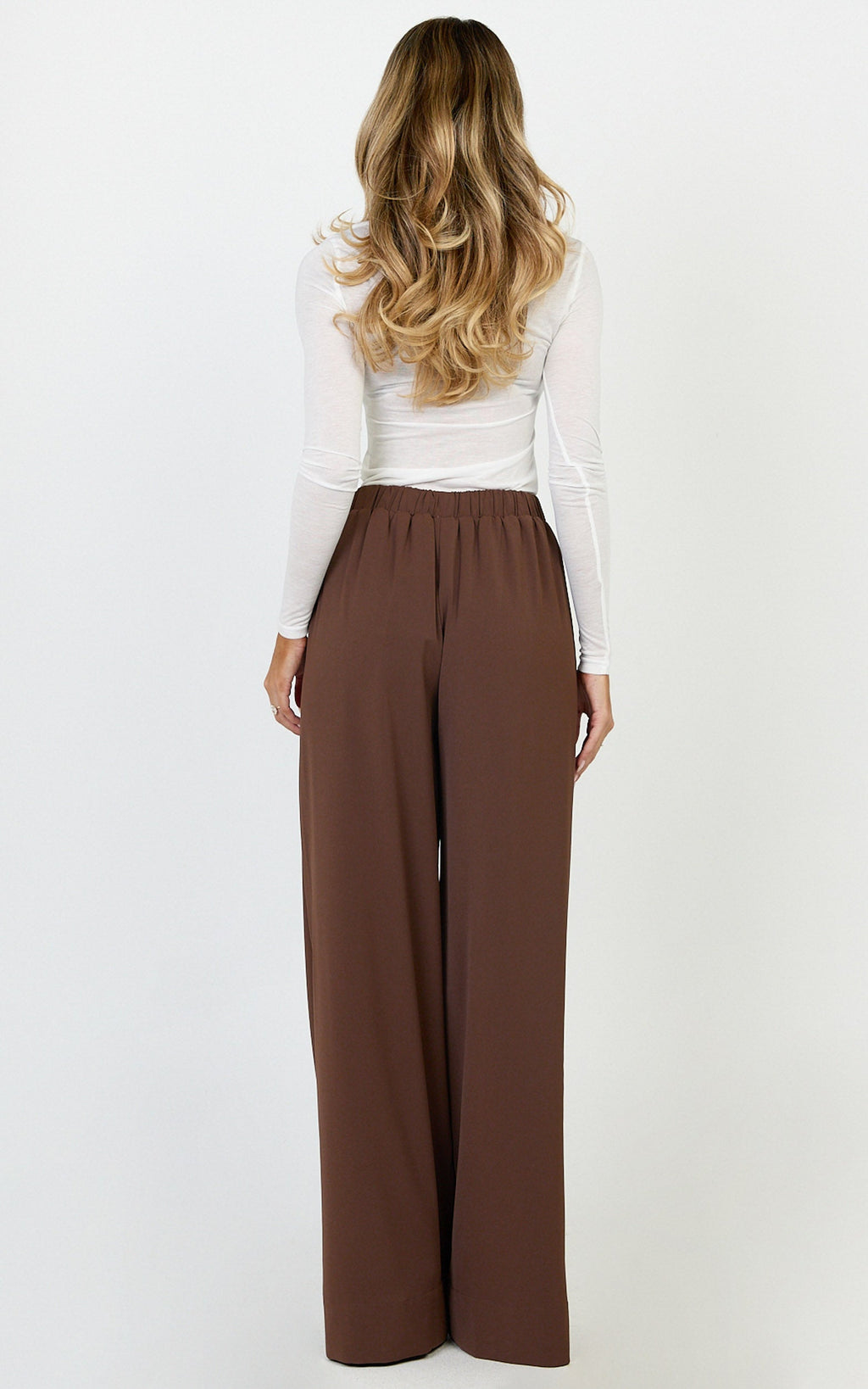 Nicole Pants - High Waist Elasticated Gathered Waist Wide Leg Pants in Mocha