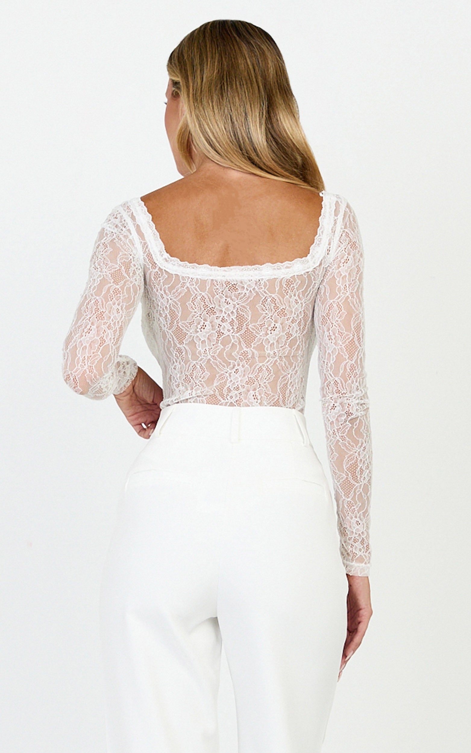 Cynthia Bodysuit - Long Sleeve Lace Bodysuit in Cream