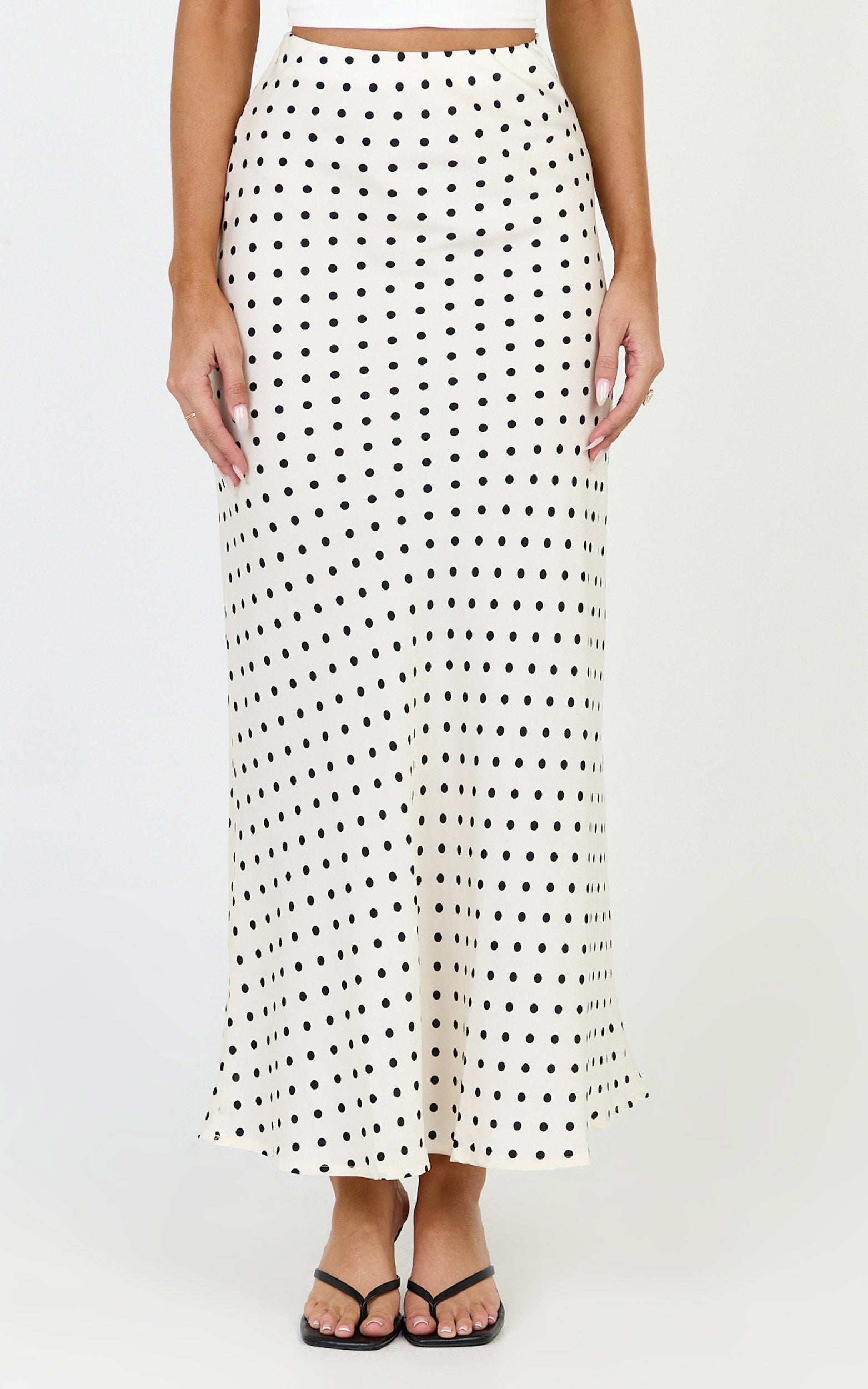 Amari Maxi Skirt - High Waisted Bias Cut Skirt in Cream and Black Polka
