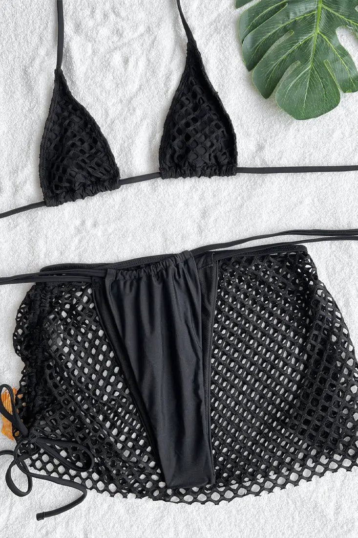Black Netted Narrow Top Cheeky Bottom Cover-Up 3Pc Swimsuit Set