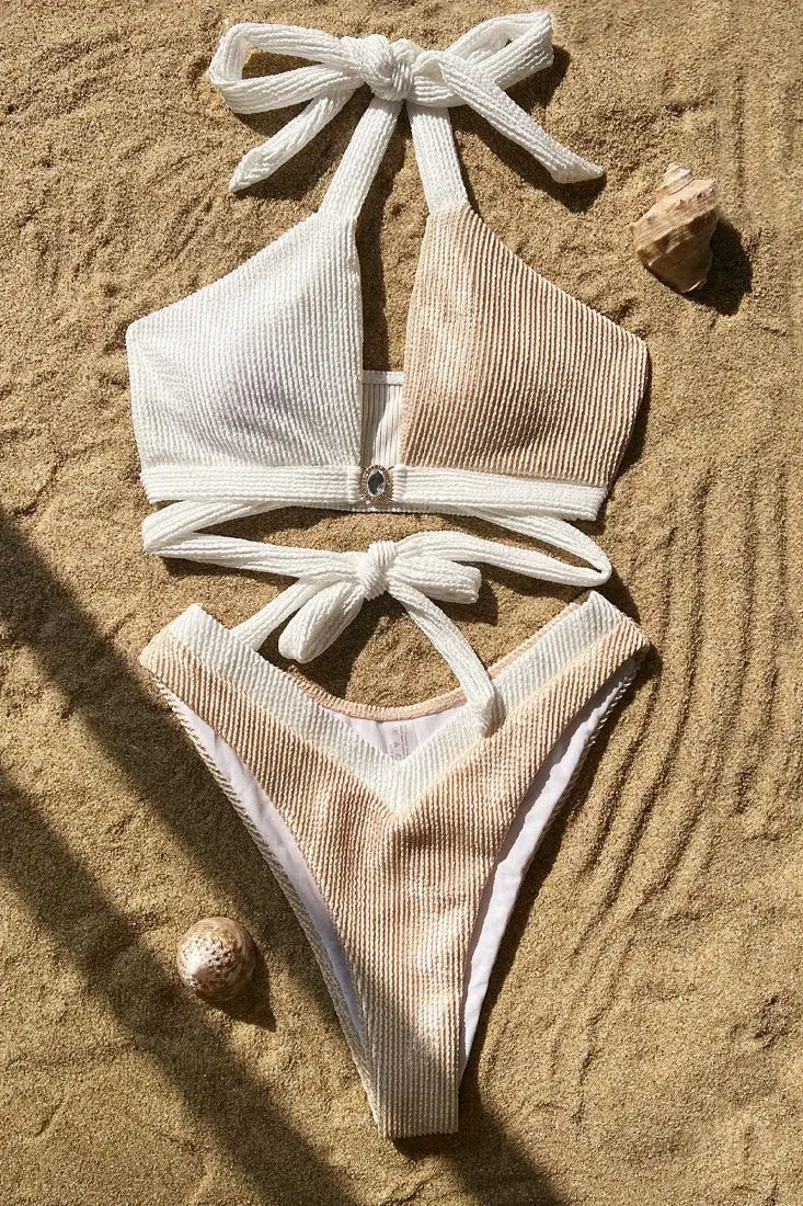 White Beige Rhinestone Halter Body Contour Bottom 2Pc Sexy Swimsuit