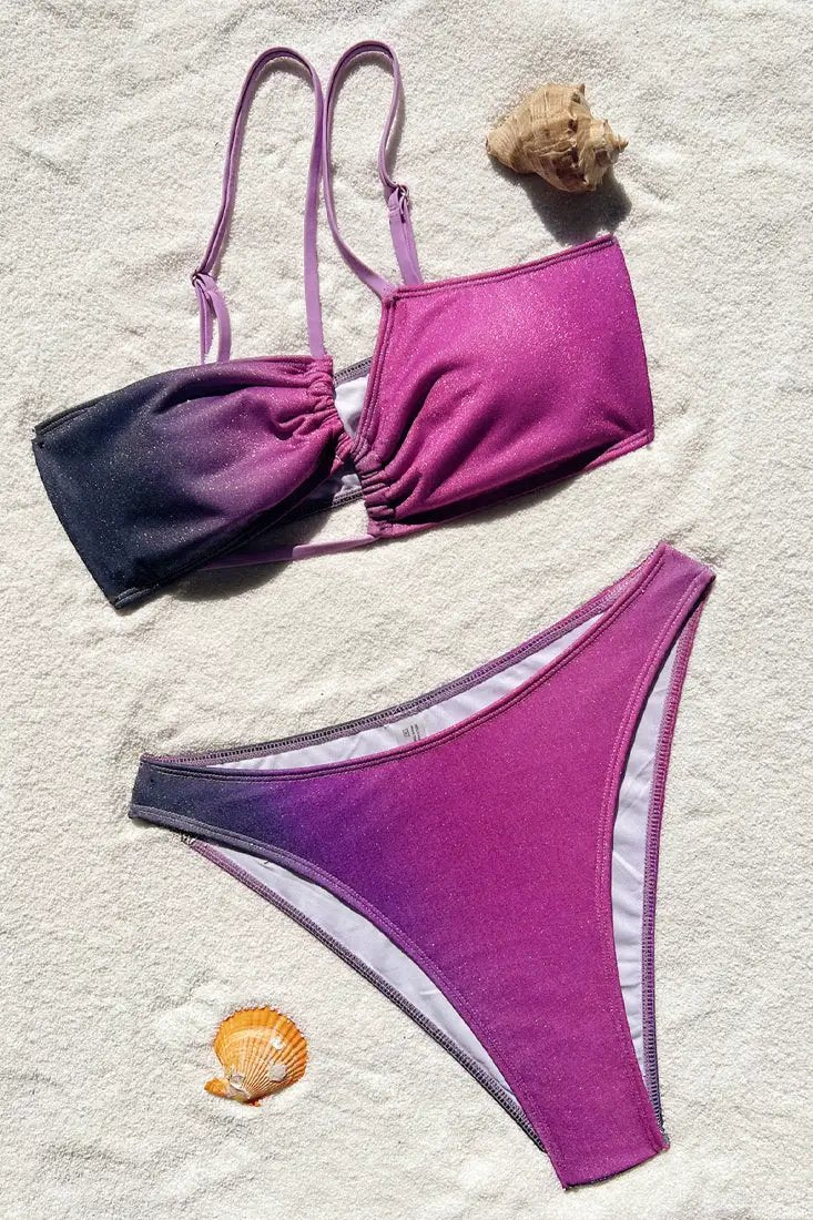 Purple Gradient Shimmer One Shoulder Cut-Out High Waist Cheeky 2Pc Swimsuit
