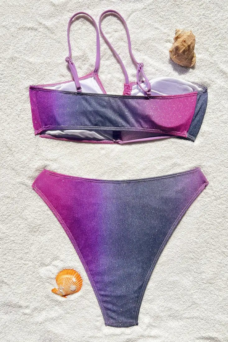 Purple Gradient Shimmer One Shoulder Cut-Out High Waist Cheeky 2Pc Swimsuit