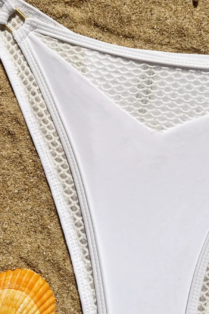 White Mesh Netted Halter Cover-Up Cut-Out 3Pc Swimsuit Set
