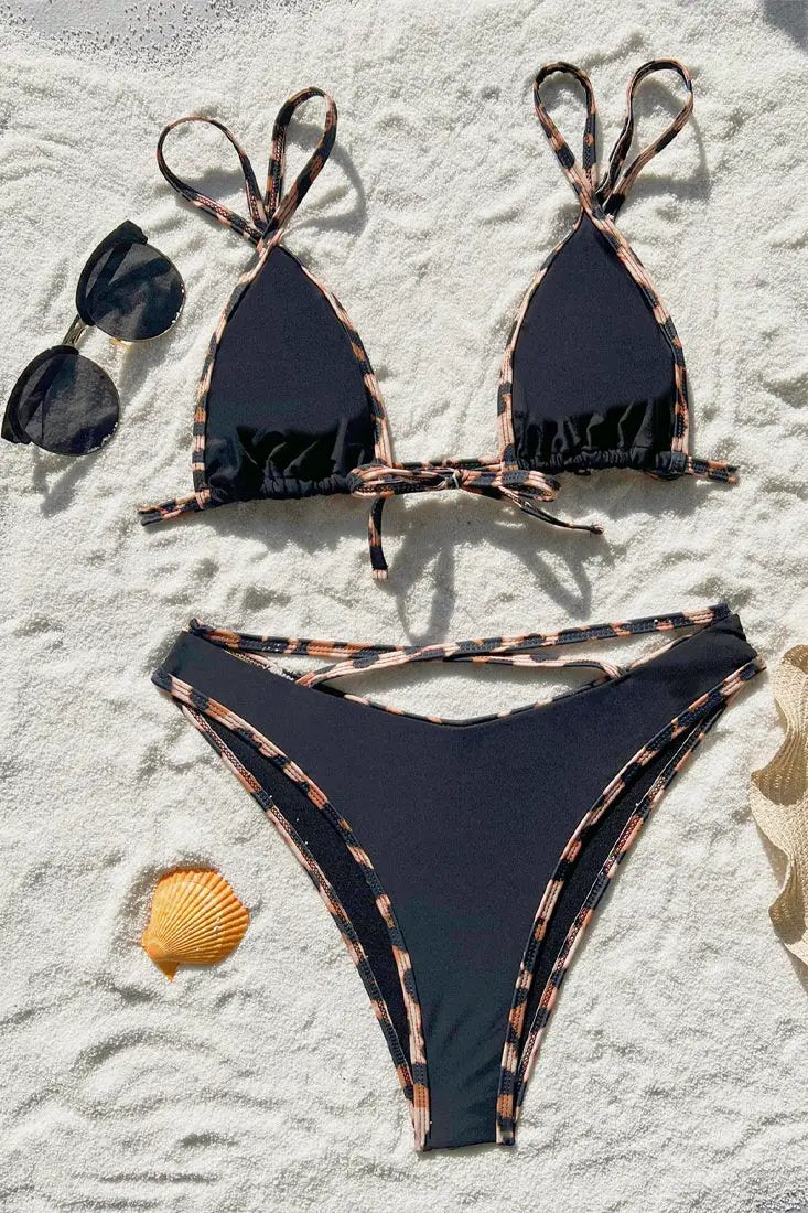 Black Leopard Strappy High Waist Sexy 2Pc Swimsuit Set