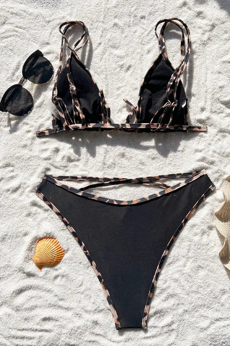 Black Leopard Strappy High Waist Sexy 2Pc Swimsuit Set