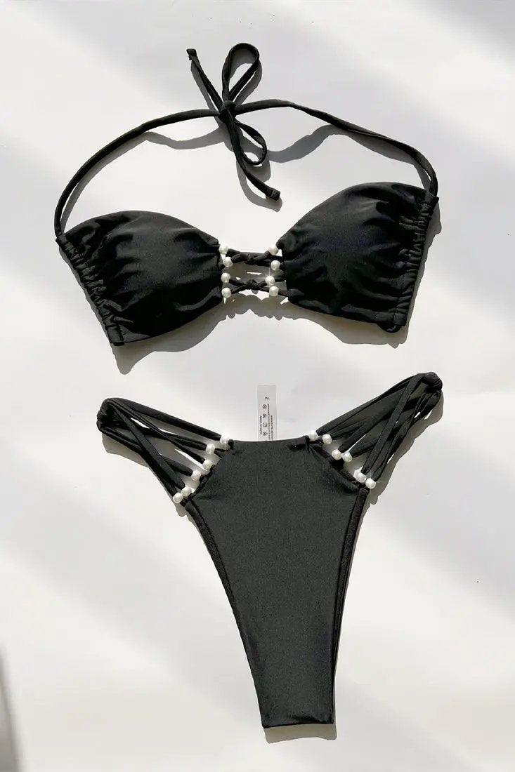 Black Strappy Pearls Sexy Bikini Cheeky 2Pc Swimsuit Set