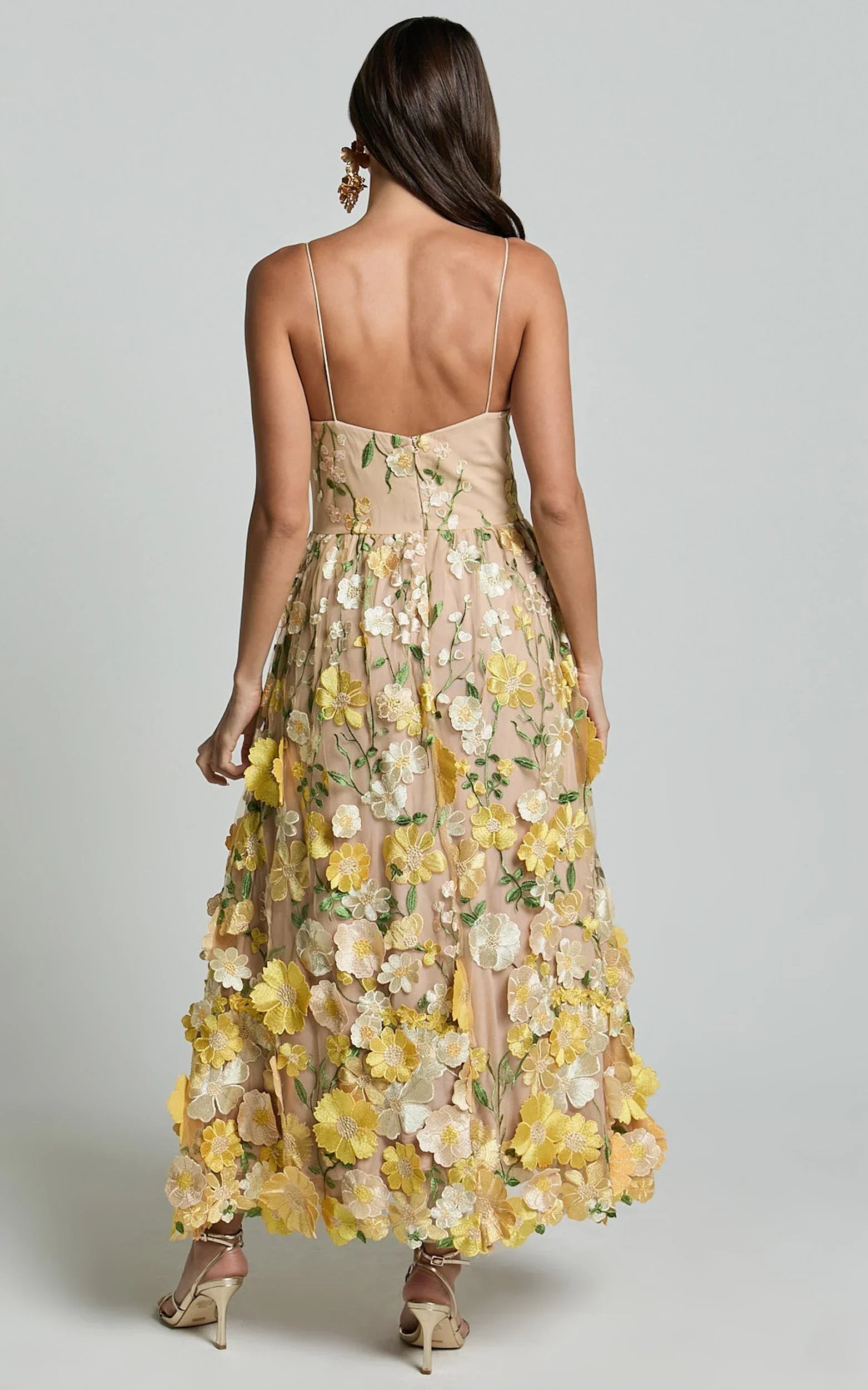 Amalie The Label - Mia Strappy Flower Detail Midi Dress - In Yellow