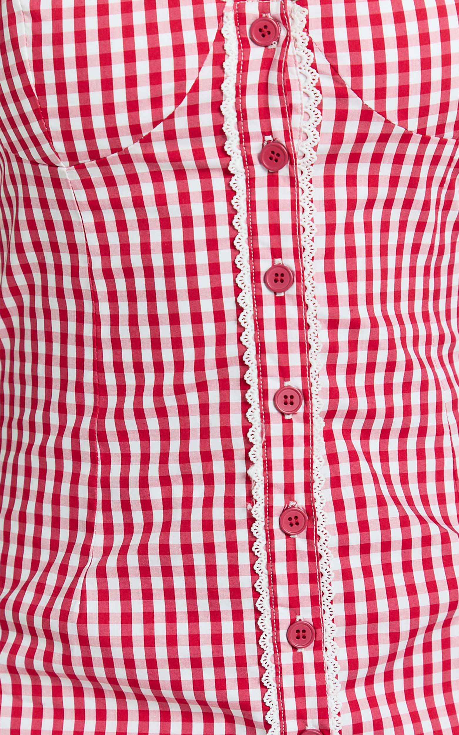 Anessa Midi Dress - Button Front Bustier Fitted Dress in Red Gingham