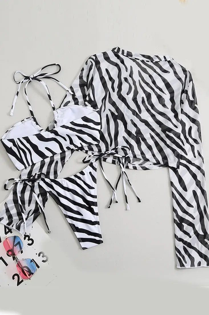 Black White Zebra Halter Cheeky Bikini Cover-Up 3Pc Swimsuit Set