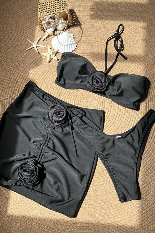 Black Rosette Halter Cheeky Drawstring Skirt Cover-Up 3Pc Swimsuit Set