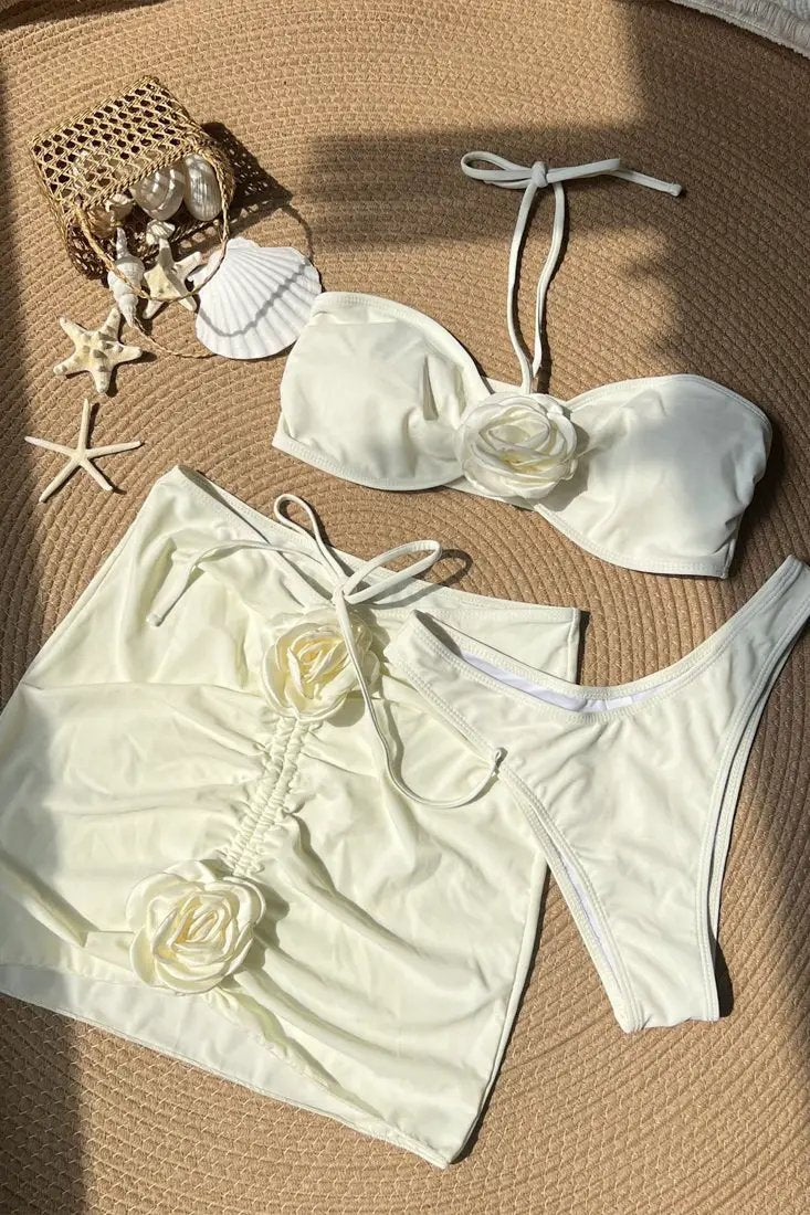 White Rosette Halter Cheeky Drawstring Skirt Cover-Up 3Pc Swimsuit Set