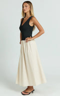 Hermi Midi Dress - Ribbed Bodice V Neck Dress in Cream