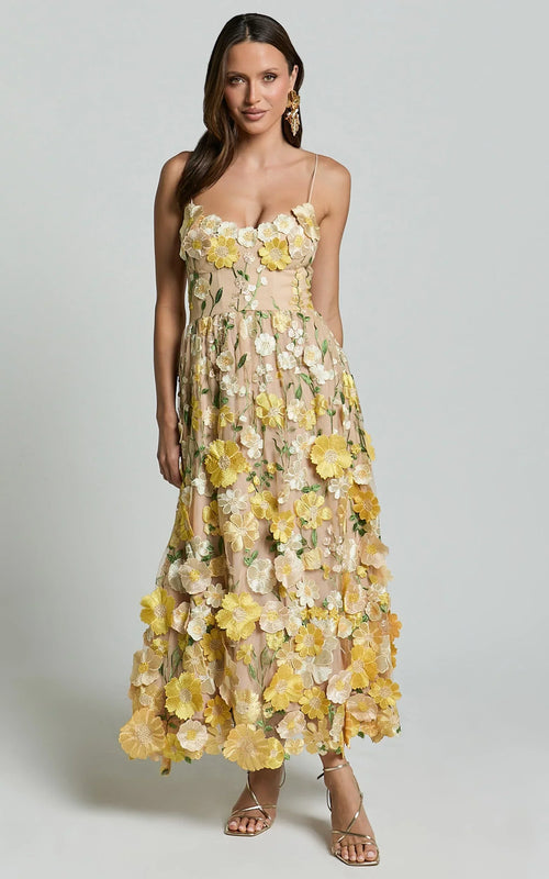 Amalie The Label - Mia Strappy Flower Detail Midi Dress - In Yellow
