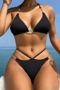 Black Rhinestone Designer Buckle Strappy Sexy Bikini 2Pc Swimsuit Set