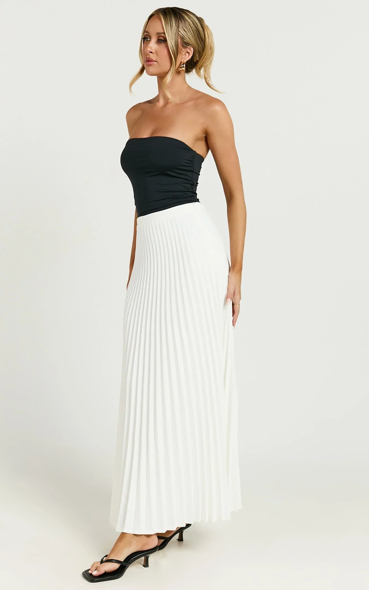 Harlee Midi Skirt - Pleated High Waist A Line Skirt in White
