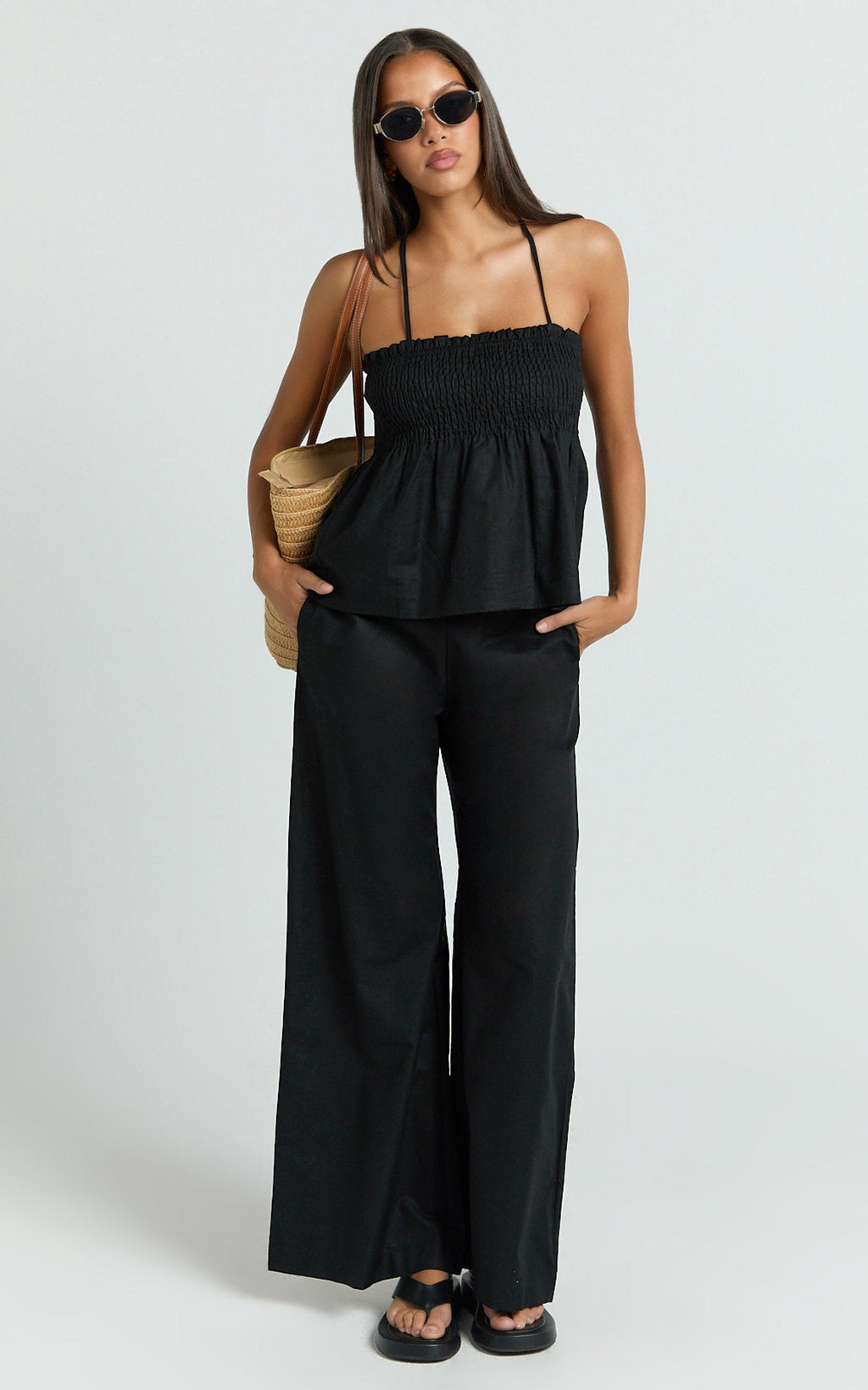 Alma Two Piece Set - Cotton Cami Pant Set in Black
