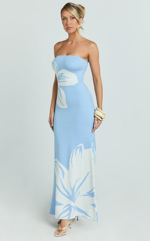 Amy Midi Dress - Knit Strapless Column Dress in Intarsia Print