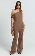 Annalie Two Piece Top and Pants Set - Off Shoulder Linen Set in Mocha