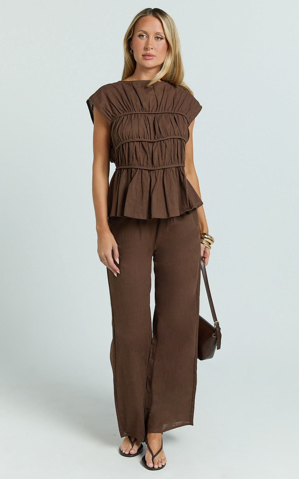 Auric Two Piece Set - Ruched Detail Top and Wide Leg Pants Set in Brown