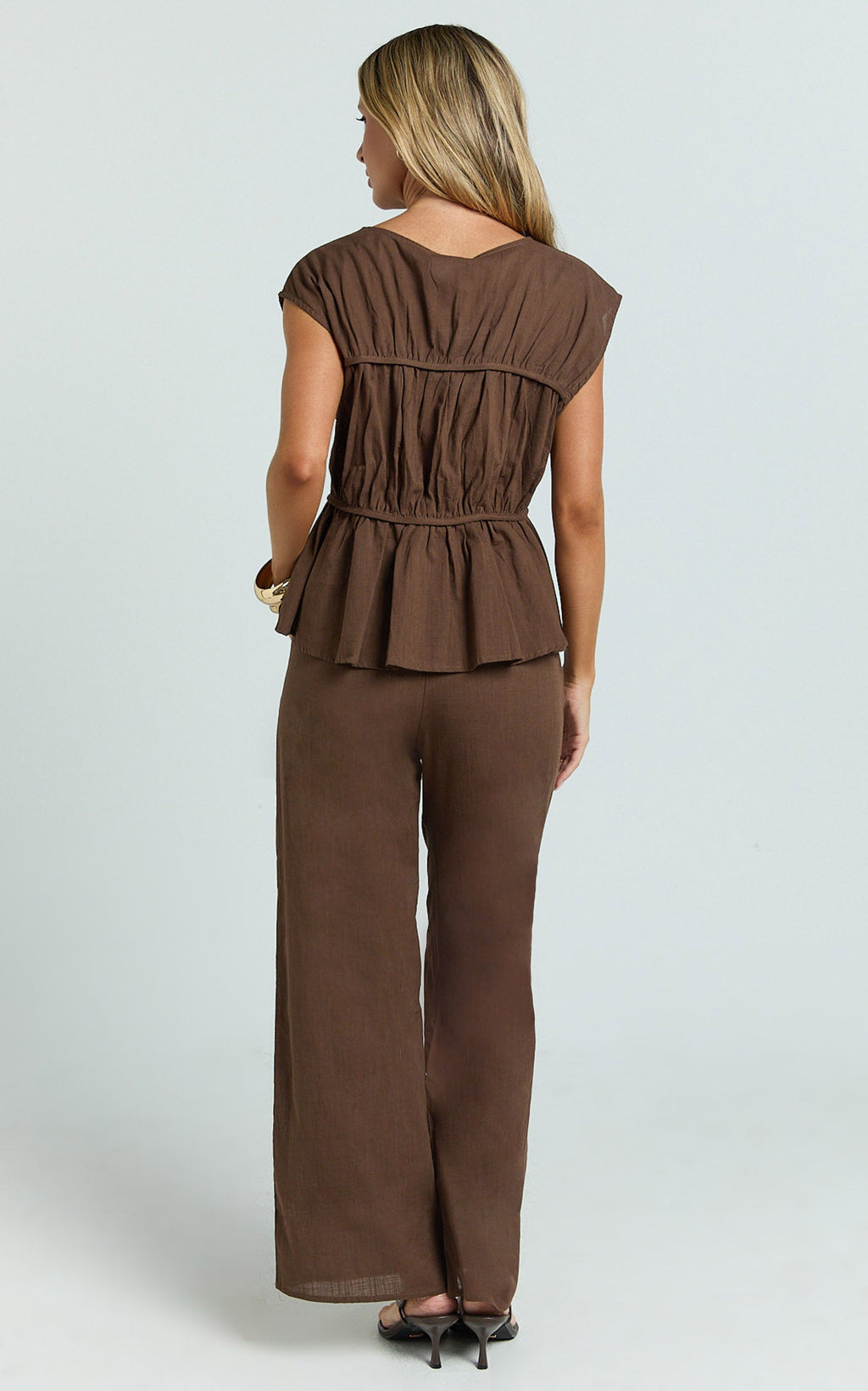 Auric Two Piece Set - Ruched Detail Top and Wide Leg Pants Set in Brown