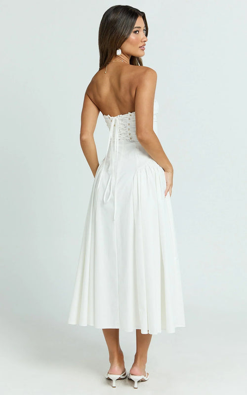 Bambi Midi Dress - Embroidered Strapless Lace Up Fit And Flare Dress in White