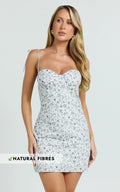 Larson Mini Dress - Tie Strap Ruched Bust Dress in White/Blue