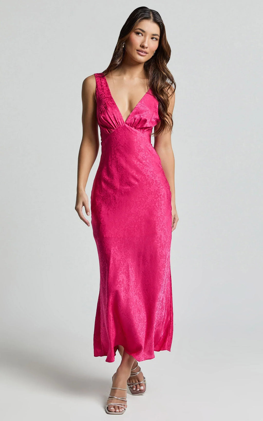 Cohen Midi Dress - Jacquard Satin Midi Dress in Pink