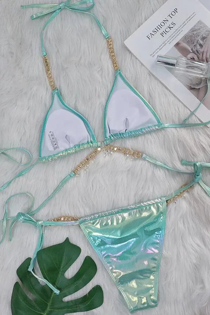 Green Holographic Rhinestone Starfish Strappy Draw String Cheeky 2Pc Swimsuit Set Bikini