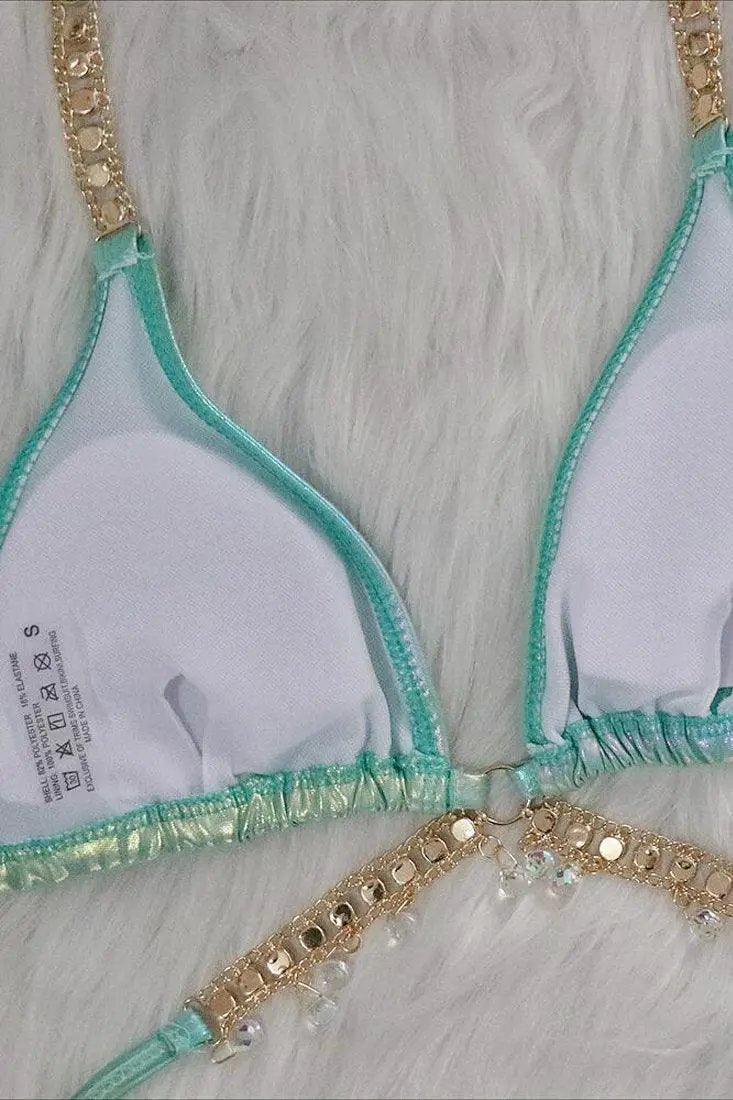 Green Holographic Rhinestone Starfish Strappy Draw String Cheeky 2Pc Swimsuit Set Bikini