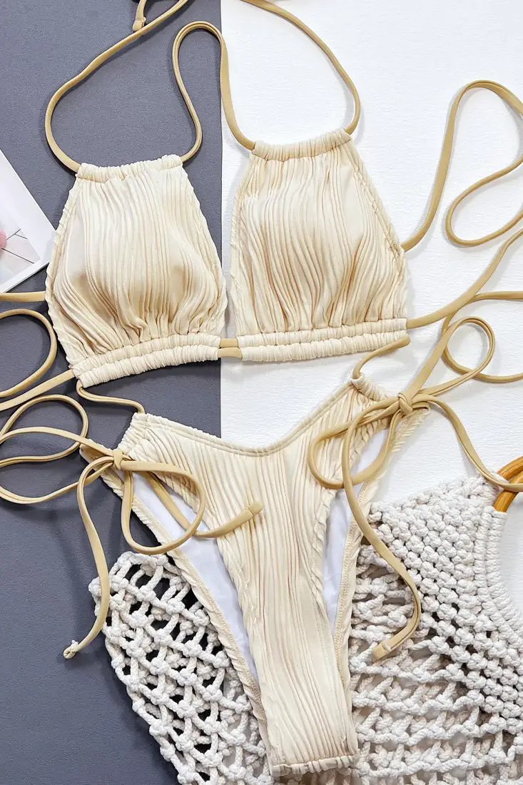 Off White Textured String Sexy 1Pc Cheeky Swimsuit Monokini