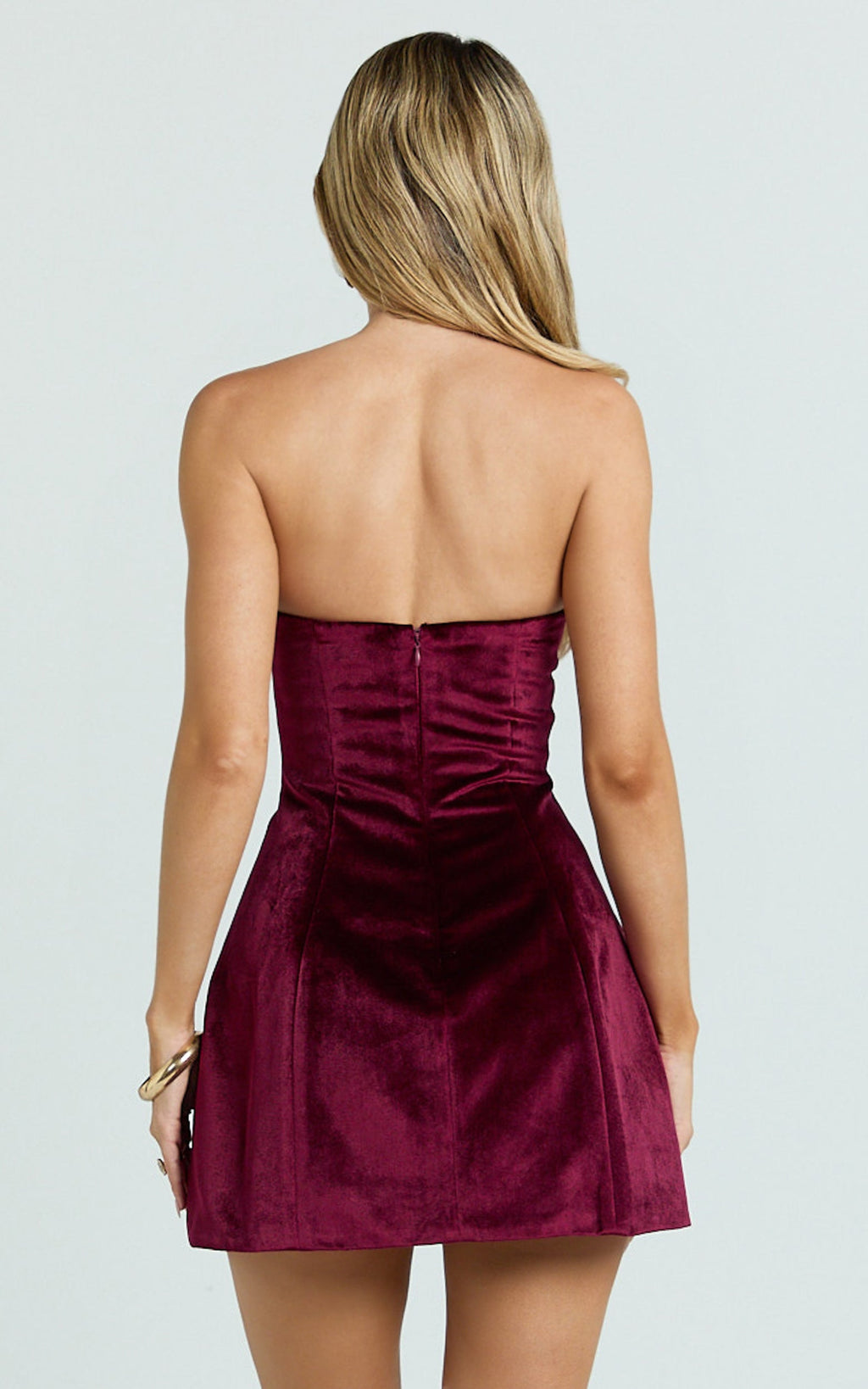 Cartia Mini Dress - Velvet Strapless Fit And Flare Dress in Wine