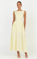 Casina Midi Dress - Boat Neck Tie Back Fit And Flare Dress in Yellow