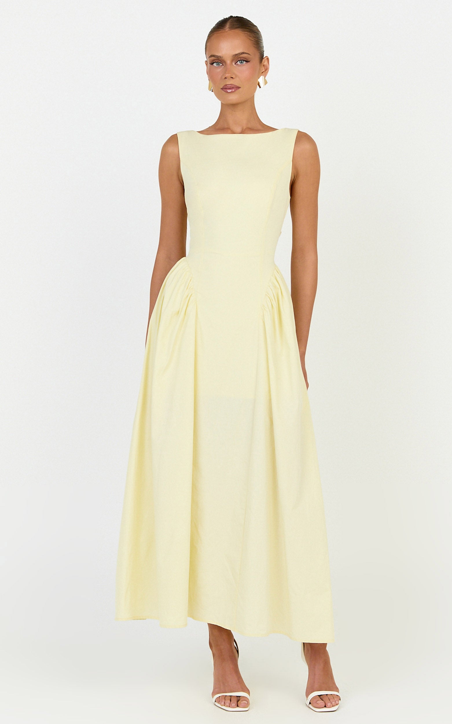 Casina Midi Dress - Boat Neck Tie Back Fit And Flare Dress in Yellow