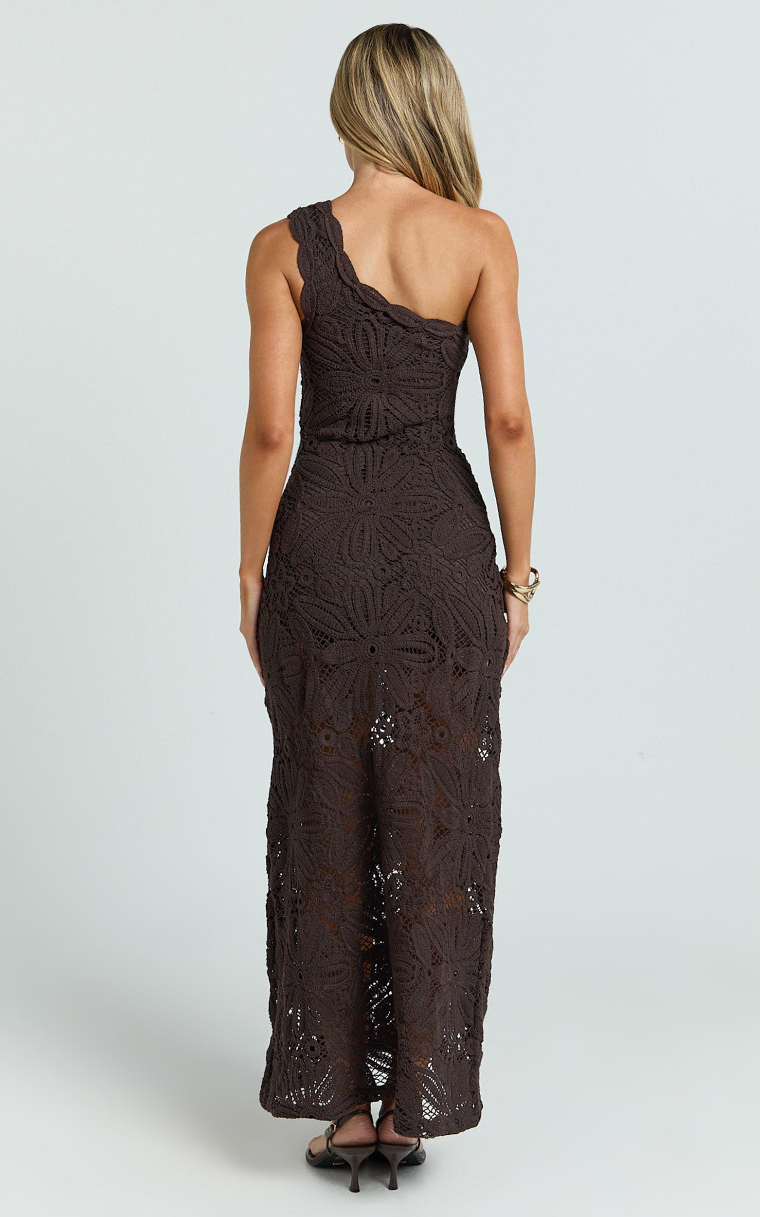 Charlene Maxi Dress - Crochet Knitted One Shoulder Maxi Dress in Chocolate