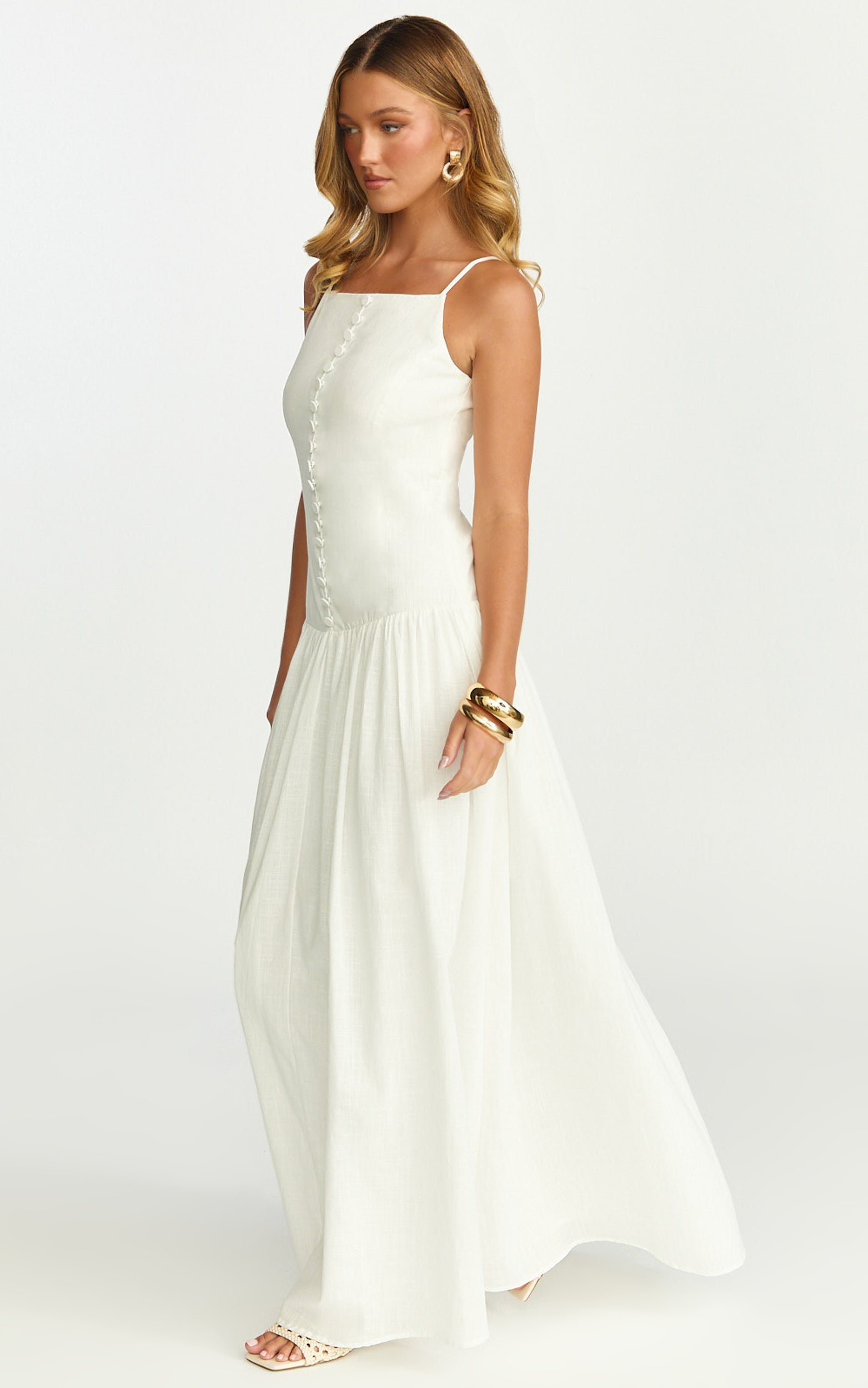 Cortez Maxi Dress - Square Neck Button Down Dropped Waist Dress in White