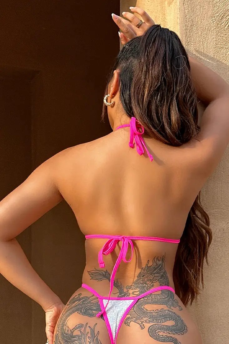 Silver Holographic Metallic Pink Trim Micro Bikini 2Pc Thong Swimsuit Set