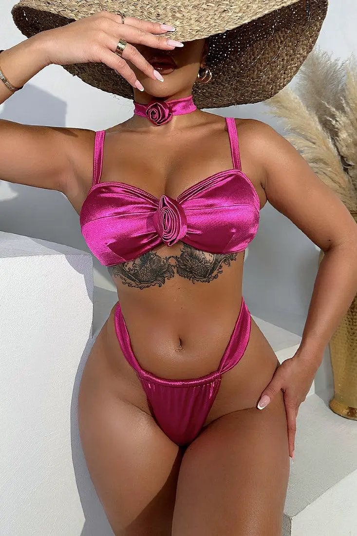 Fuchsia Pink Satin Stretchy Ruched Cheeky Rosette 3Pc Swimsuit Set Bikini