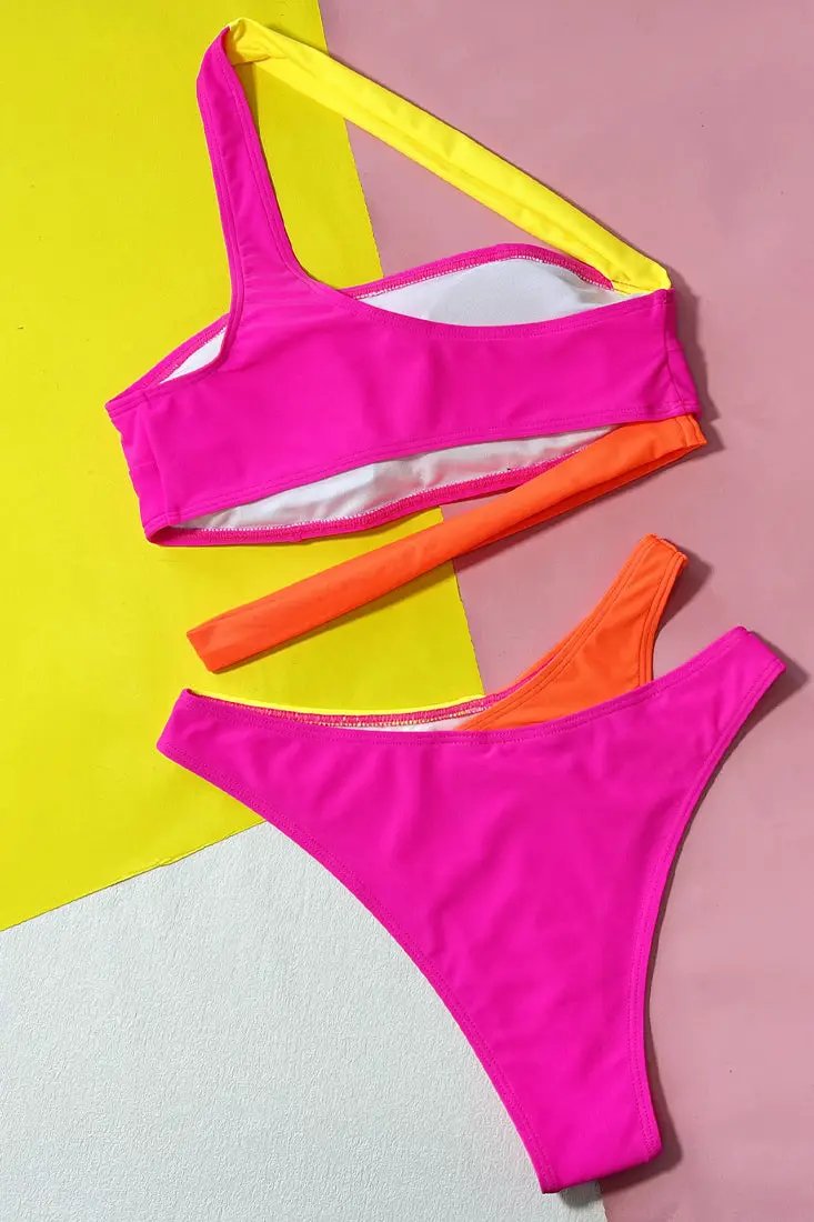 Pink Yellow Orange Cut-Out One Shoulder High Waist Sexy 2PC Swimsuit Set