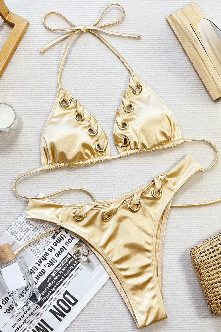 Yellow Satin Ribbon Band Sexy Bikini 2Pc Lux Swimsuit Set